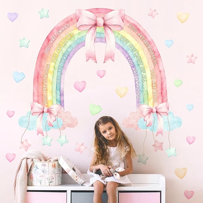 Large Watercolor Rainbow Wall Decals Pastel Pink Bow Wall Decor Kids Inspirational Vinyl Sticker Peel and Stick You are Loved Self-Affirmation Clouds Art Mural for Baby Girls Bedroom Nursery Playroom