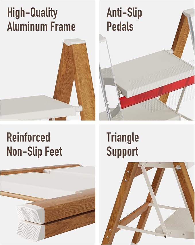 Mayi Plus 2-Step Aluminum Ladder,Lightweight Folding Step Stool with Extra-Wide Anti-Slip Steps,330 lbs Capacity,Compact Space-Saving Design for Home,Kitchen and Office(White&Woodgrain)