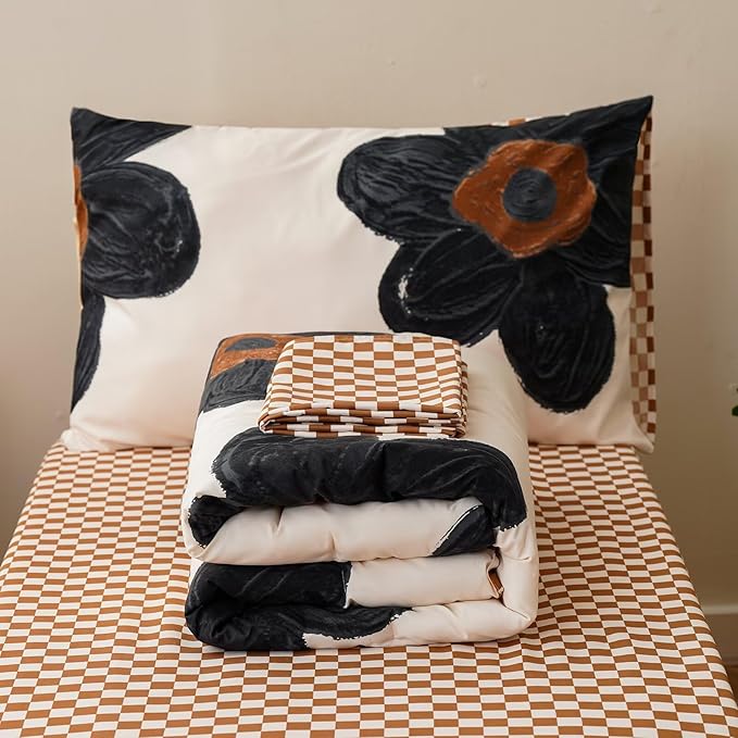 CLOTHKNOW Black Floral Toddler Bedding Sets for Girls, 4 Pieces, Sunflower Pattern, Soft Crib Bed Set Including Comforter, Flat Sheet, Fitted Sheet and Pillowcase