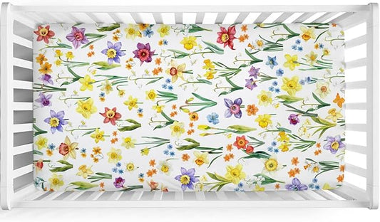 Watercolor Flowers Baby Crib Sheet 52''x28'' Colorful Floral Leaves Stretchy Fitted Crib Mattress Cover for Boy Girl Wild Plants Soft Nursery Baby Sheets for Standard Crib and Toddler Mattresses