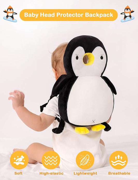 JunNeng Baby Head Protector Backpack, Toddler Walking Fall Head Protection, White Black Penguin