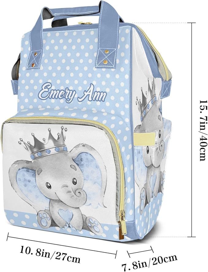 Personalized Elephant Prince Crown Custom with Name Diaper Bag Backpack For Baby Boy Girl Dad Mom Unisex for Adult Daypack Holiday Gift