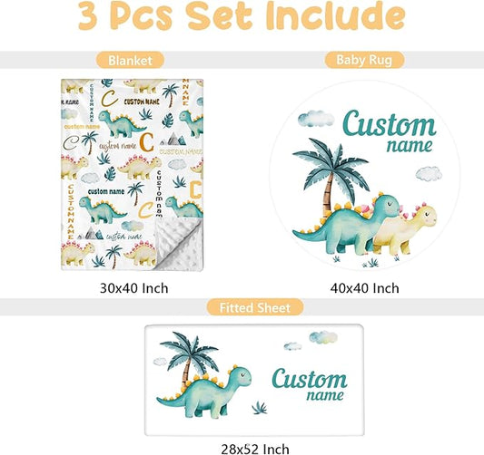 Personalized Baby Bedding Set, 3 Pcs Custom Name Crib Bedding Set for Nursery, Cute Baby Crib Set with Double Layer Blanket for Boys Girls, Customized Gifts for Infants Toddlers, Green Dino