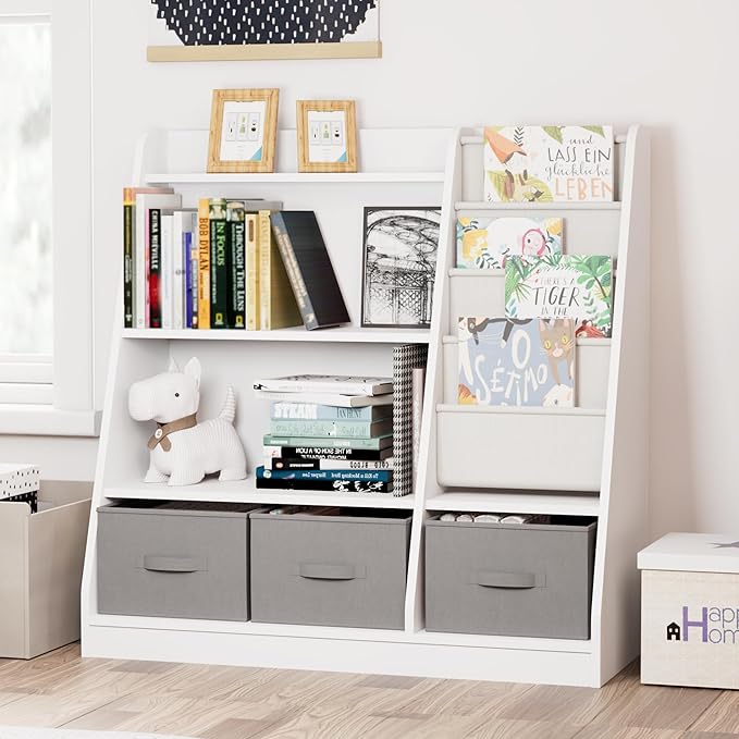 HedoAjim White Kids Bookshelf Wood Montessori Toy Storage Organizer Cabinet Shelf Child Bookcase Toddler Baby Sling Book Rack 3 Cube Bin Fabric Drawers for Playroom Bedroom Nursery School