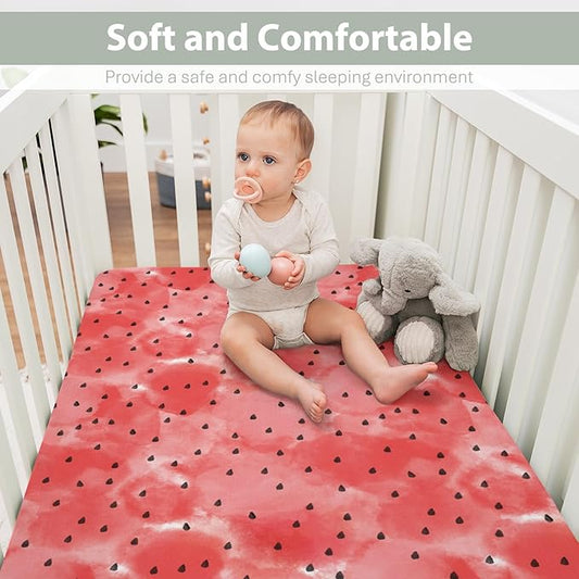 Red Watermelon Baby Crib Sheets for Boy Girl 28"x52" Tropical Summer Fruits Soft Snug Fitted Crib Mattress Covers Beach Vacation Nursery Baby Sheet for Standard Crib & Toddler Bed Mattresses