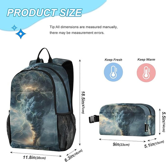 Jucciaco Lightning Tornado Grey Backpack with Lunch Bag, School Travel Backpack for Teens Boys Girls Backpacks Set