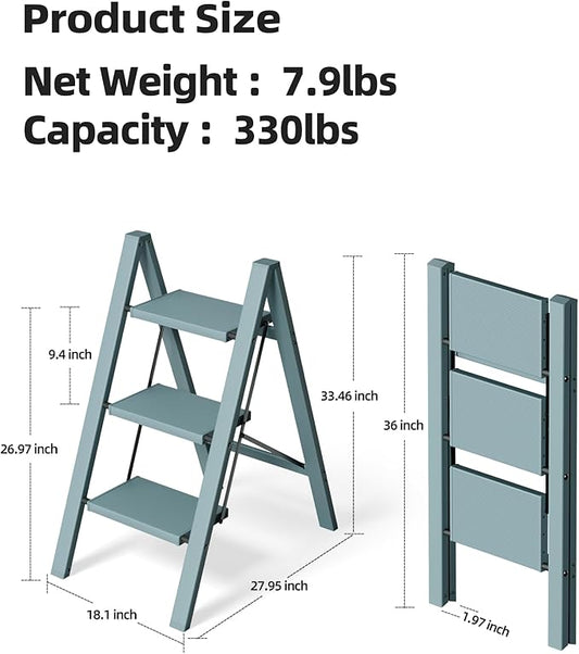 HillhutApex 3 Step Stool, Aluminum Foldable Step Ladder, Lightweight Stable Stool with Wide Non-Slip Pedals, 330lbs Bearing Capacity Ladder for Office,Home,Kitchen - Light Blue