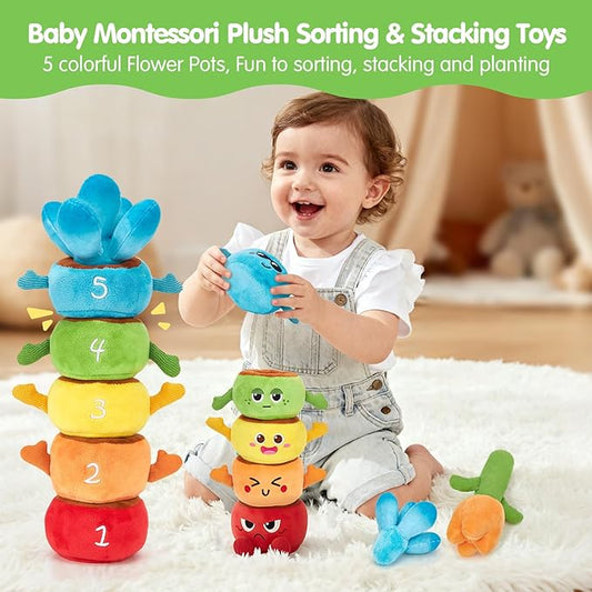 hahaland Montessori Toys for 1 Year Old Boy Girl - 10 in 1 Plush Garden Stacking Toys for Toddlers 1-3 with Color Matching & Planting Play - Fine Motor, Sensory & Emotional Development Toy