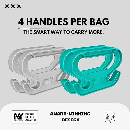 Handle Magic (4 Units) Bag Carriers | Ergonomic Grip and Bag Holder | Pocket Size | Lightweight & Comfortable for Shopping & Trave - Made in USA (White Green)