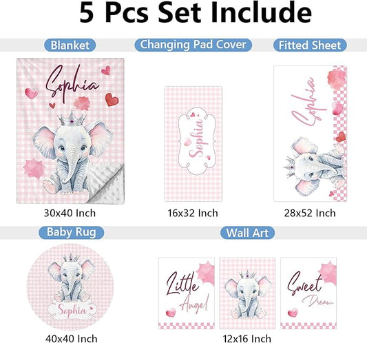Personalized Baby Crib Set, 5 Pcs Custom with Name, Soft Elephant Crib Bedding, Double Layer Toddler Infant Bedding, New Parents Gifts