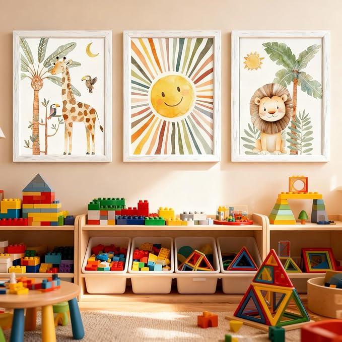 Cute Sun Lion Giraffe Quote Framed Wall Art Set of 4, 11x16 Boho Educational Animal Wall Sign for Baby Girl Kid Boy Toddlers, Wooden Inspirational Nursery Wall Decor Whie