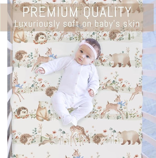 Pastel Animals Bows Floral Mushroom Baby Crib Sheets for Boy Girl Cute Bear Deer Bunny Hedgehog Soft Snug Fitted Crib Mattress Covers for 52''x28'' Standard Crib & Toddler Mattress Nursery Bed Sheets