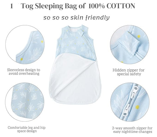 Baby Sleep Sack 0-6 Months 1.0 TOG, 100% Cotton Baby Wearable Blanket with 2-Way Zipper, Infant Toddler Sleeping Sack for Newborn Boys and Girls, Leaves & Pumpkin