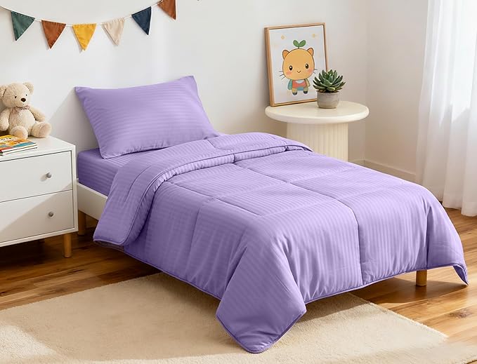 ZPECC Toddler Bedding Set - 4 Piece Hypoallergenic Baby Crib Bedding Set for Boys and Girls, Includes Toddler Comforter, Flat Sheet, Fitted Sheet and Pillowcase, Purple Stripe
