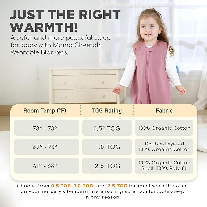 Mama Cheetah Toddler Sleep Sack with Feet 2T, 0.5 TOG Organic Cotton Baby Wearable Blankets with Legs, Baby Sleeping Bag for Walkers, Early Walker Medium