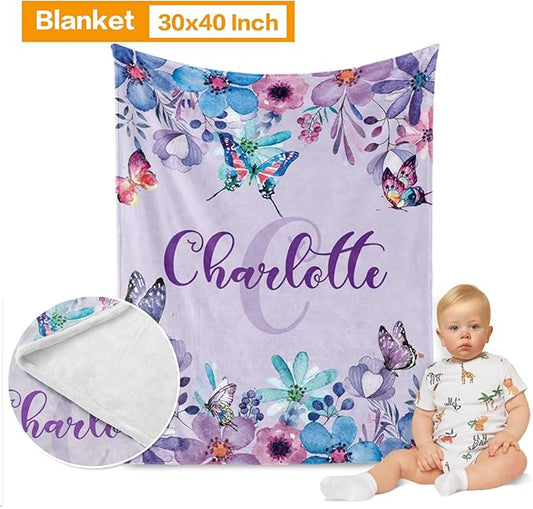 Custom Baby Bedding Set, Personalized Purple Butterfly Bedding, Baby Blanket Fitted Sheet Changing Cover Nursery Rug Room Decor Gift Idea