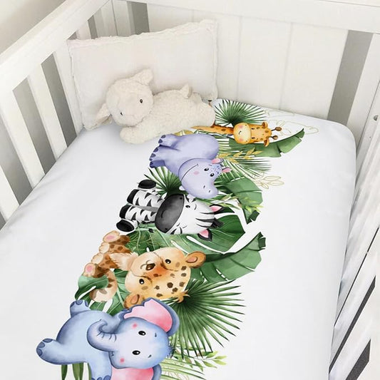 Baby Jungle Safari Animals Tropical Leaves Flowers Baby Crib Sheet 52''x28'' Fitted Crib Mattress Cover for Boy Girl Nursery Toddler Bed Sheet Fits Standard Crib and Toddler Mattresses Leaves
