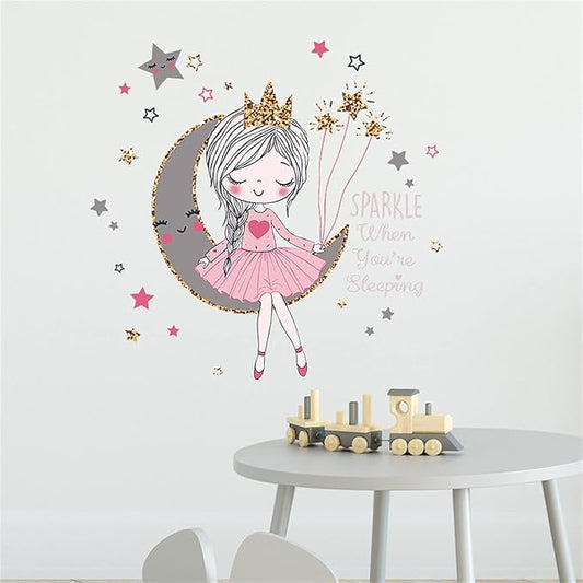 ROFARSO Colorful Cute Lovely Wall Stickers for Kids Peel and Stick Removable Wall Decals DIY Decorations Decor for Nursery Baby Girls Bedroom Playroom Living Room (Girl Sitting On The Moon)