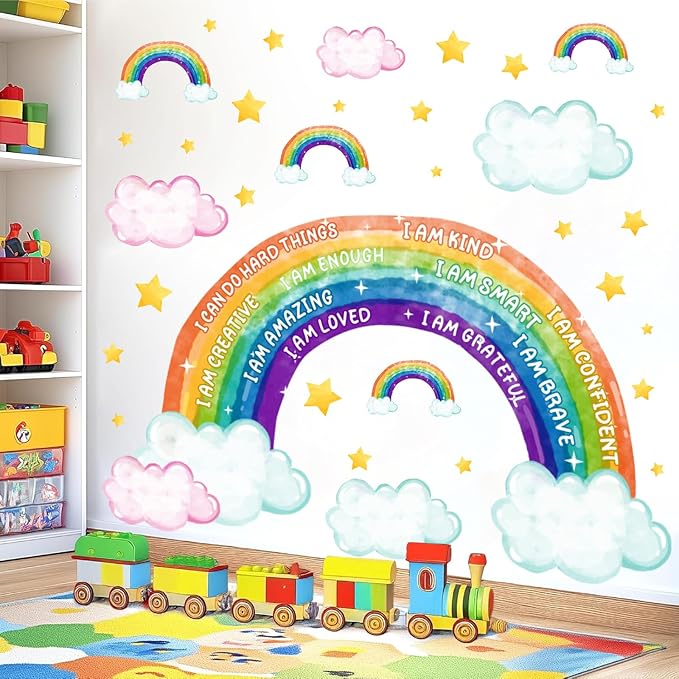 Colorful Rainbow Wall Stickers Inspirational Wall Decal for Kids Boys Girls Bedroom Watercolor Rainbow Walls Decal Peel and Stick Positive Cloud Vinyl Art Murals for Toddler Baby Room Playroom Nursery