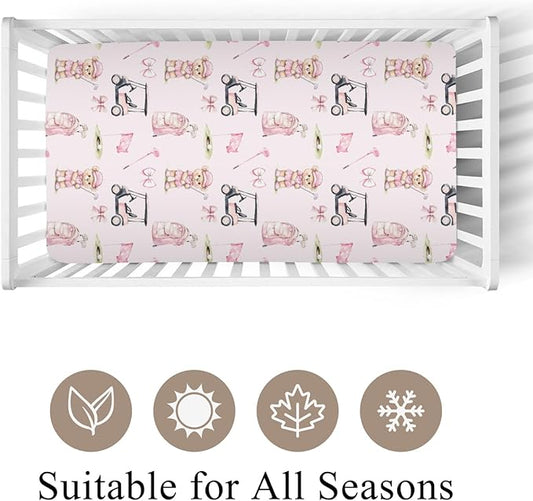 Cute Golf Bear Balls Cart Club Pink Baby Crib Sheet for Boys & Girls 52x28x9 in Bears Bows Golfing Bag Sport Fitted Crib Mattress Cover for Golfs Lover Gift Bed Sheet Bear One Size