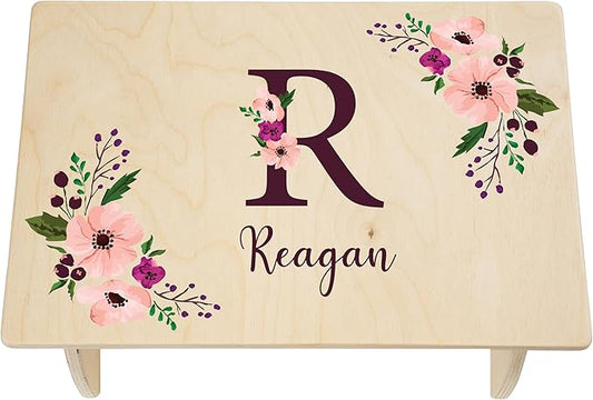 Floral Step Stool for Toddlers- Personalized Wood Kids Step Stool with Name for Kitchen Sink, Bathroom, Potty Training, Toilet, Kitchen Sink- Sturdy and Safe- Made in USA by BloomOwl (Floral- Plum)