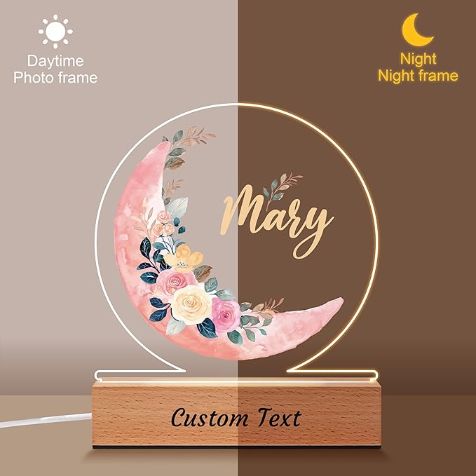 IOUMAM Personalized Baby Gifts for Kids, Custom Moon Flower Acrylic Plaque Name Night Light for Toddler, Unique Birthday Newborn Baby Shower Gifts for Boys Girls Nursery Bedroom Room Decor