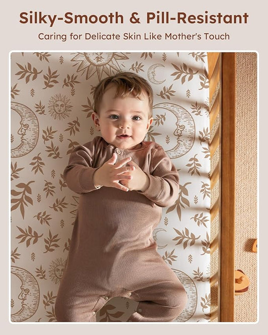 Baby Crib Sheets for Boys Girls, 28x52x8in Fitted Crib Sheet Neutral 3 Pack for Standard Crib and Toddler Mattress, Breathable Soft Microfiber Baby Sheet White Brown Sun God