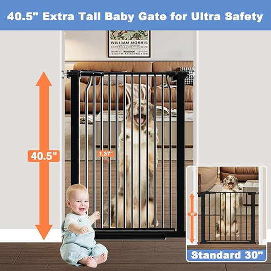 72.2"-76.7" Extra Wide Baby Gate, 40.5" Tall Dog Gate Indoor,Walk Through Pet Gates for Doorways Kitchen No Drilling Auto Close Pressure Mounted Safety Child Toddler Gate, Black