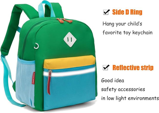 HawLander Little Kids Backpack for Boys or Girls, Toddler School Bag Fits 3 to 6 years old, Green Yellow, 12 Inch
