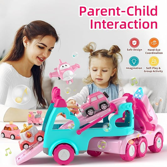 Truck Toys for 2+ 3+ Year Old Girls, 7-in-1 Carrier Truck Car for Toddler Girl, Cars Toys Age 2-4 with Light & Music, Birthday Gifts for 2 3 Year Old Girls