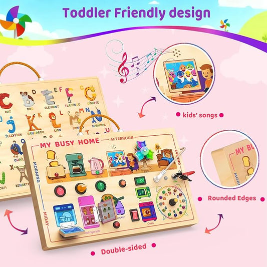 My Busy Home Montessori Busy Board for Toddlers 1-3 - Wooden Sensory Activity Board with Kitchen Appliances, Switches, Clock | Educational Fine Motor Skill Toy for 1+ Year Old Boys Girls