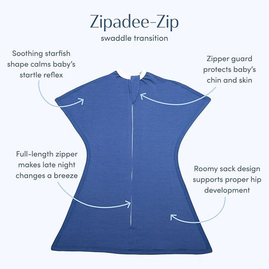 SleepingBaby Zipadee-Zip Transition Swaddle - Cozy Baby Swaddle Blanket with Zipper Convenience - Roomy Wearable Blanket for Easy Diaper Changes - Classic Navy, Large (12-24 Month)