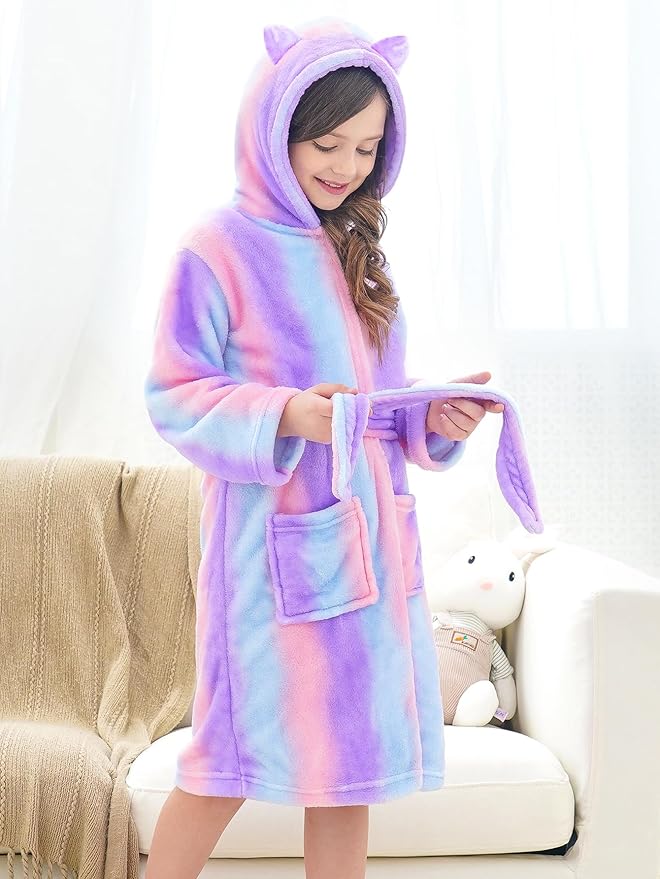 Doctor Unicorn Girls Leopard Cat Robe Kids Fleece Warm Hooded Bathrobe