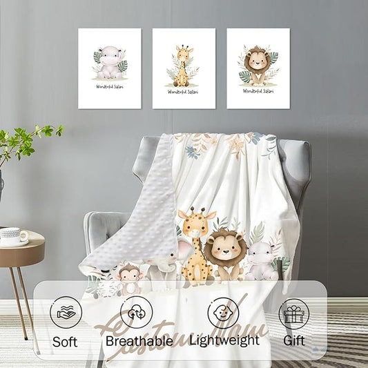 Personalized Crib Bedding Set, Custom Name Baby Bedding 5-Pcs Set - Soft Blanket Fitted Sheet Changing Pad Cover Nursery Rug and Wall Art, Cute Animal Theme Nursery Decor for Newborn Boys Girls