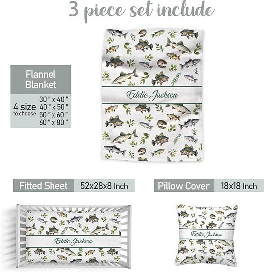 Personalized Fishing Theme Crib Bedding Set for Boys – Custom Name 3-Piece Nursery Bedding with Blanket, Fitted Crib Sheet & Pillowcase – Soft Baby Bedding for Newborn Infant Toddler