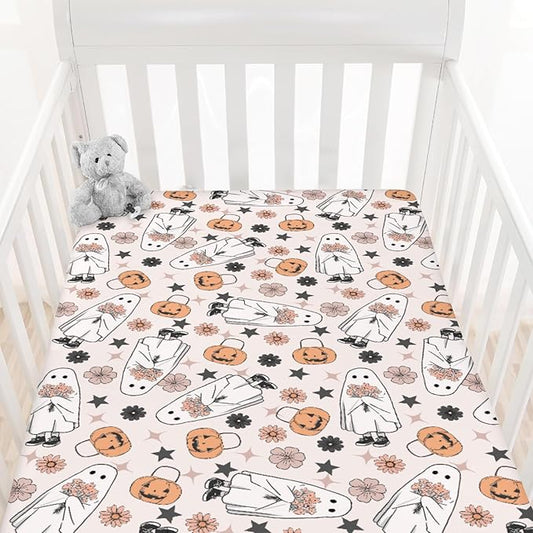 Boho Floral Halloween Pumpkin Spooky Baby Crib Sheets Sweet Gothic Soft Baby Sheets Spooky Season Fitted Crib Mattress Cover for Standard Crib and Toddler Mattress 52"x28"