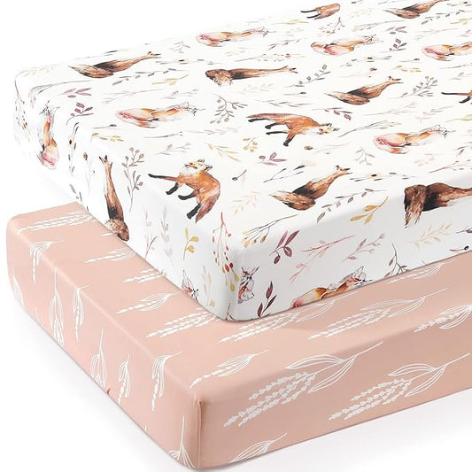 Stretch Ultra Soft Jersey Knit Fitted Crib Sheets Set 2 Pack,Fits All Standard Crib Mattress Pads Safe and Snug, Crib Fitted Sheet for Baby, Pretty Fox for Girls