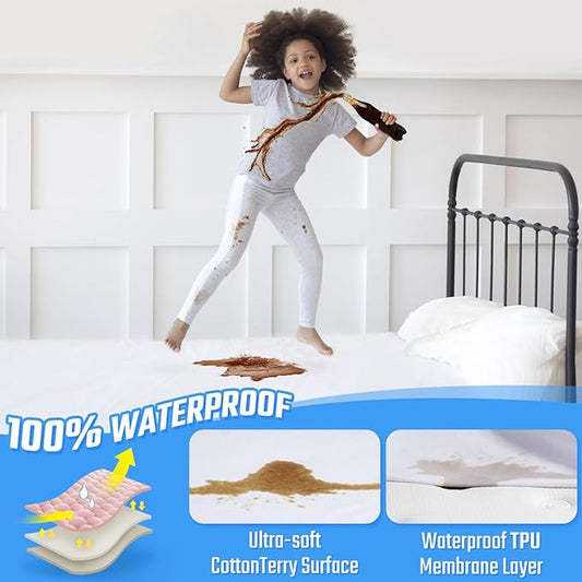 FGZ Waterproof Mattress Protector Twin XL Size 2 Pack, Premium Soft Cotton Terry Vinyl for Pets Kids Adults