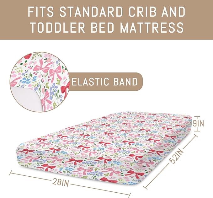 Preppy Pastel Floral Bows Baby Crib Sheets Pink Girly Floral Bows Soft Snug Fitted Crib Mattress Covers for 52''x28'' Standard Crib & Toddler Mattress Boho Spring Flowers Leaves Baby Bed Sheets