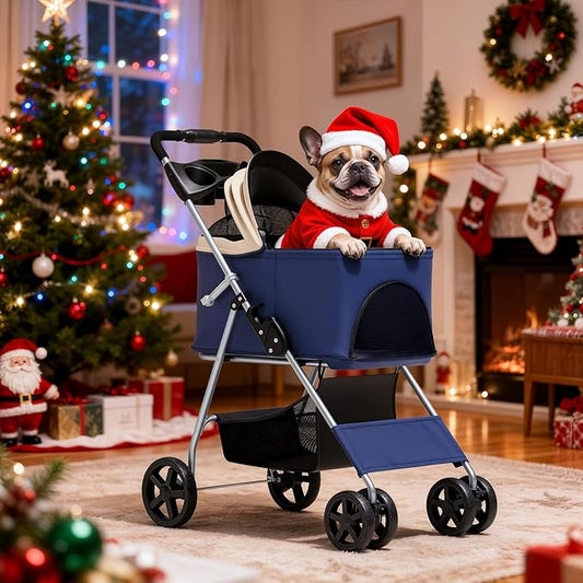 MoNiBloom 3 in 1 Foldable Pet Stroller for Small & Medium Dogs, Detachable Carrier, Car Seat, Push Button Entry, 4-Wheel Jogger for Pets up to 33 lbs, Navy Blue