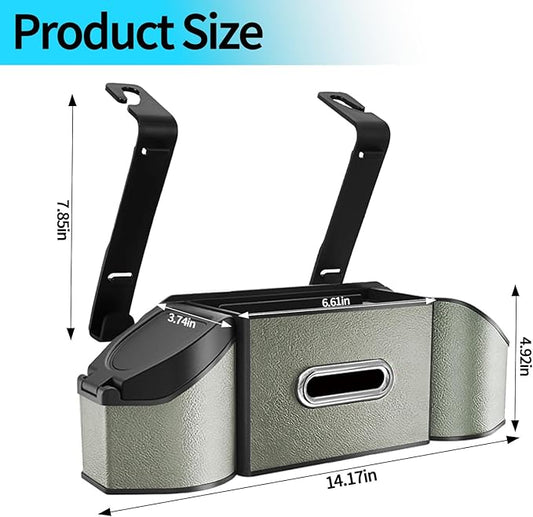 Oivjckx 7-In-1 Multifunctional Car Seat Back Organizer with Cup Holders, Tissue Box, Garbage Can & Hooks, Headrest Storage & Cup Holder for Backseat (Grey)