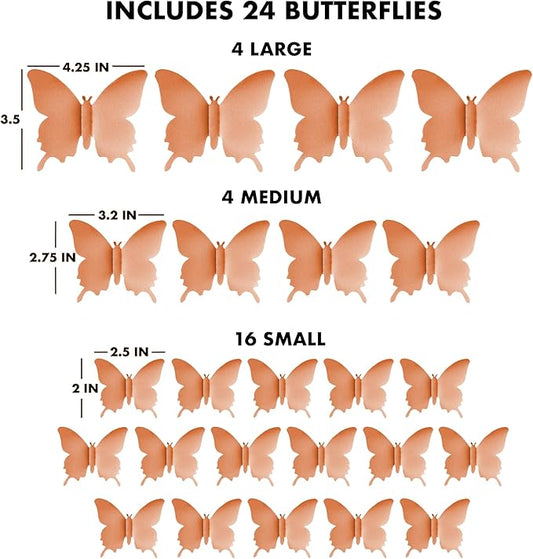 Butterfly Wall Decal Room Decor, Rose Gold Butterfly Wall Decor 24 pcs, Party Decor, Wedding Decoration, Aesthetic Butterflies Stickers for Bedroom