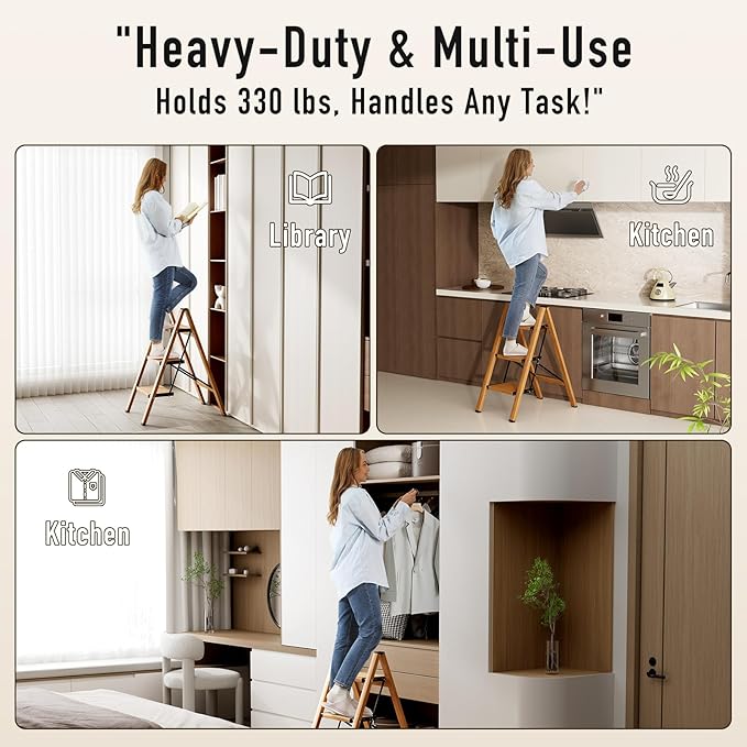 Mayi Plus 3 Step Ladder,Aluminum Folding Step Stool for Adults,Step Ladder with Wide Anti-Slip Pedal,330 lbs Capacity for Home,Office,Kitchen,Library(Woodgrain