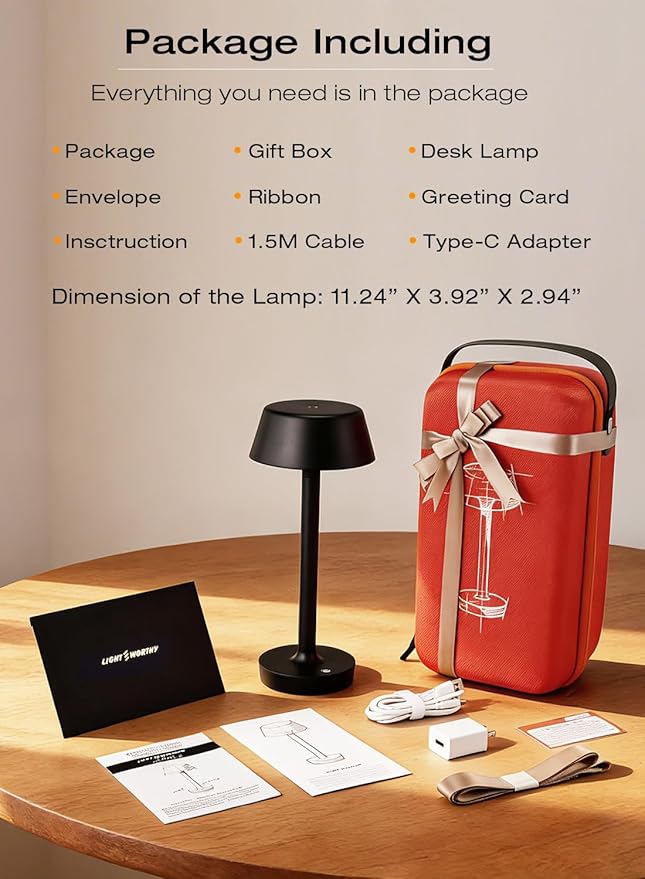 Light Worthy Cordless Rechargeable Table Lamp with Power Charger,Portable LED Desk Lamp,5000mAh Battery Operated,2700K-5700K Tunable,Stepless Dimming for Bedroom Bedside Outdoor Camping Light,Black
