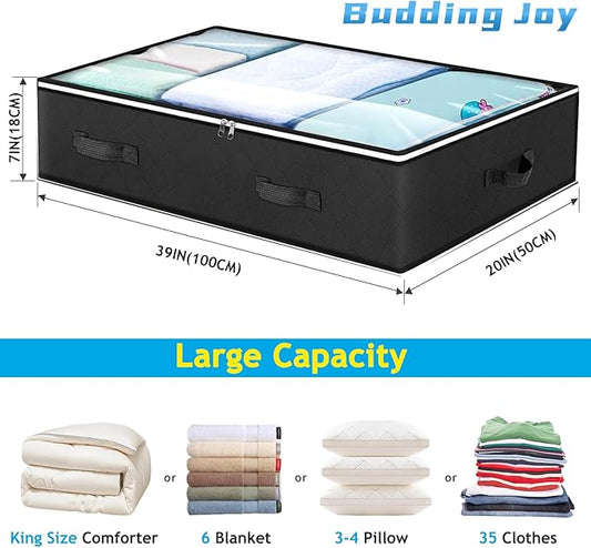 Budding Joy 90L Under Bed Storage Containers, Closet Organizers and Storage Bins, Foldable Underbed Storage Bags for Blankets, Towels, Comforter, Sweaters, Pillows, Linen Sheets, Wrapping Paper,Black