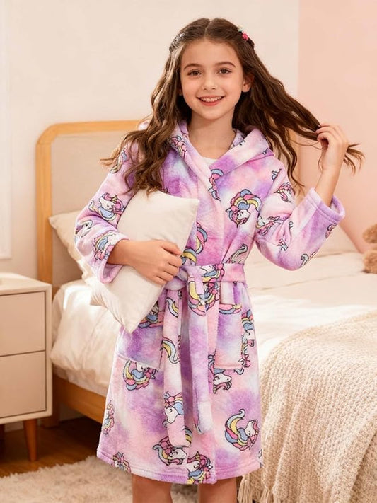 SANGTREE Boys Girls Robe Fleece Hooded Soft Toddler Bathrobe Cute Boys Bathrobe Fuzzy Plush Robes for Kids, 2-12 Years