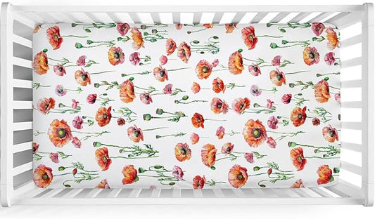 Watercolor Poppy Floral Baby Crib Sheets 52''x28'' Red Poppy Flowers Snug Fitted Crib Mattress Cover for Boy Girl Wild Floral Soft Baby Nursery Bed Sheets for Standard Crib and Toddler Mattresses