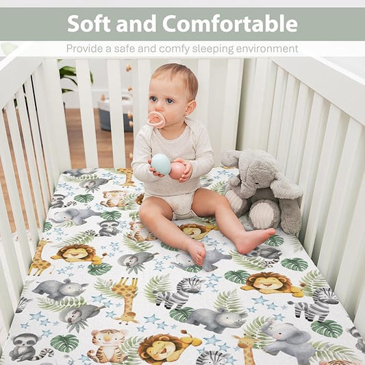 Jungle Friends Baby Crib Sheets for Boy Girl 52x28 Safari Lion Giraffe Elephant Tropical Leaves Soft Stretchy Fitted Crib Mattress Cover African Animal Baby Sheet for Standard Crib & Toddler Mattress