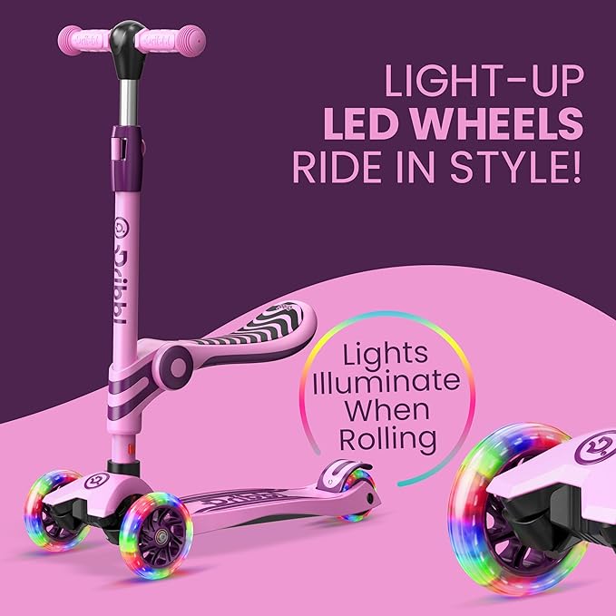 Pink and Purple 3 Wheel Scooter with Seat for Kids, Light-Up Wheels, Adjustable Lean to Steer Handlebar and Seat, Smooth Wheels, Wide No-Slip Deck, Rear Foot Brake, Toddler Outdoor Toys for Ages 2+