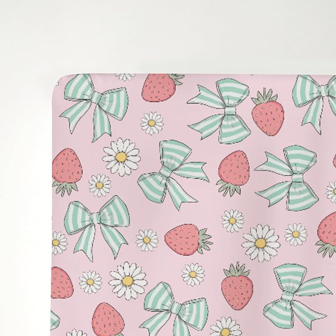 Pink Strawberry Green Bows Daisy Baby Crib Sheets for Boy Girl 52x28Inch Strawberries Bows Soft Stretchy Fitted Crib Mattress Covers Cute Summer Fruit Baby Sheet for Standard Crib & Toddler Mattress